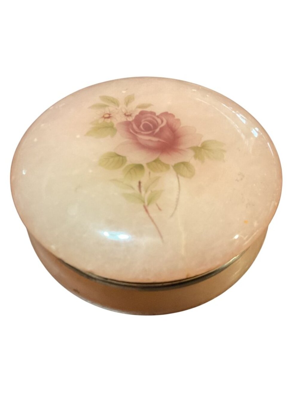 Vintage Himark Pink Floral Alabaster Hinged Dresser Trinket Box Italy Made 4"D